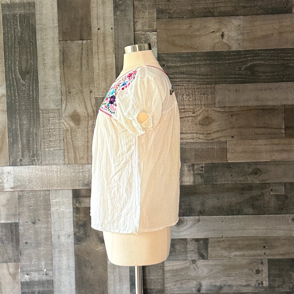 White puff sleeves feista top medium rainbow floral embroidery festival party - Picture 6 of 10